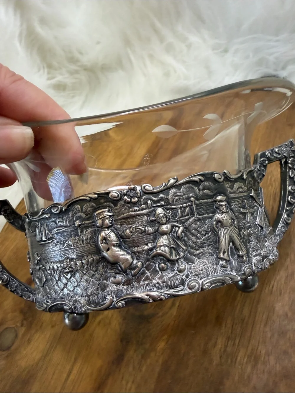 Etched Glass Bowl with Ornate Silver-Tone Base